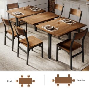 iPormis 7-Piece Dining Table Set with 6 Chairs, 63" Extendable Kitchen Table & Chairs Set for 4-6, Dining Room Table with Metal Frame & MDF Board, Perfect for Small Space, Easy Clean, Walnut