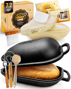 crustlove cast iron bread pan with lid - incl. sourdough bread baking supplies like banneton bread proofing basket - 7.2qt bread oven dutch oven for bread baking cast iron pan scoring tool lame