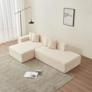 JUSTONE 105.5" Sponge Sectional Sofa Couch for Living Room, Lambswool Fabric Modern L-Shape Sectional Sofa with Chaise Lounge,Cloud Couch, Beige