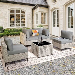 XIZZI Wicker Patio Furniture Set,Outdoor Rattan Modular Sectional Sofa,Outside Coversation Set with Solar Coffee Table for Porch Balcony Backyard Deck Poolside (Grey, 5Pcs Set)