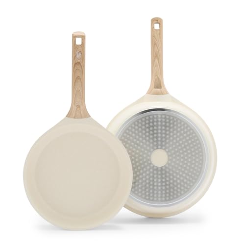 GreenLife Arte 2 Piece Frying Pan Set, Ceramic Nonstick 9.5" & 11" Skillets, Induction Suitable, Non Toxic PFOA & PFAS Free, Wood Print Handles, Dishwasher Safe, Speckled Cream