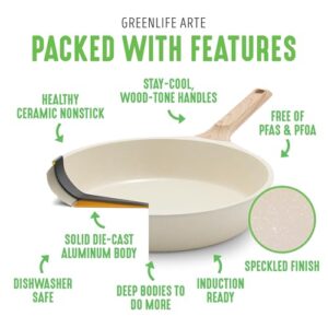 GreenLife Arte 2 Piece Frying Pan Set, Ceramic Nonstick 9.5" & 11" Skillets, Induction Suitable, Non Toxic PFOA & PFAS Free, Wood Print Handles, Dishwasher Safe, Speckled Cream