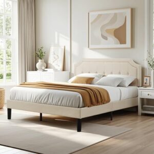 VECELO Queen Upholstered Platform Bed Frame with Adjustable Button Stitched Panel Headboard,Strong Wood Slat Support,Velcro Design,Mattress Foundation/Easy Assembly,Beige