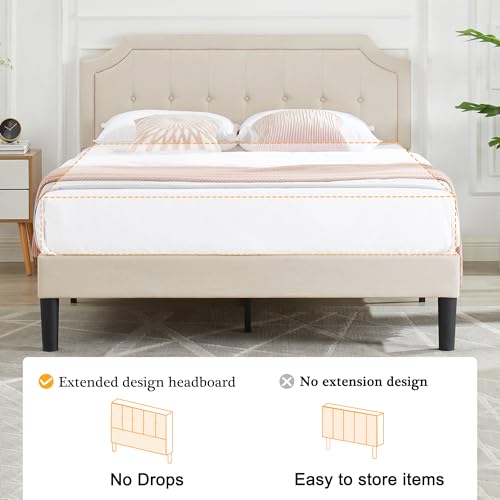 VECELO Queen Upholstered Platform Bed Frame with Adjustable Button Stitched Panel Headboard,Strong Wood Slat Support,Velcro Design,Mattress Foundation/Easy Assembly,Beige