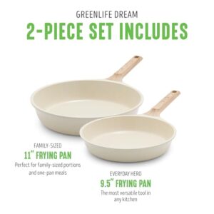 GreenLife Arte 2 Piece Frying Pan Set, Ceramic Nonstick 9.5" & 11" Skillets, Induction Suitable, Non Toxic PFOA & PFAS Free, Wood Print Handles, Dishwasher Safe, Speckled Cream