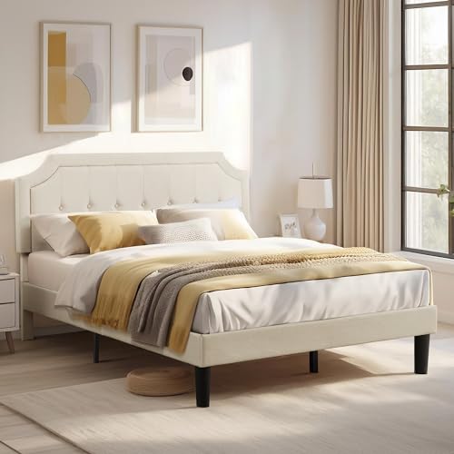 VECELO Queen Upholstered Platform Bed Frame with Adjustable Button Stitched Panel Headboard,Strong Wood Slat Support,Velcro Design,Mattress Foundation/Easy Assembly,Beige