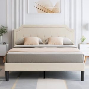 vecelo queen upholstered platform bed frame with adjustable button stitched panel headboard,strong wood slat support,velcro design,mattress foundation/easy assembly,beige