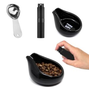 set of 3 coffee dosing: ceramic coffee dosing cup, rdt spary bottle, measuring cup hold up to 30g coffee, ceramic single dosing tray for coffee (black)