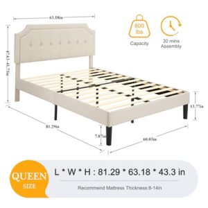 VECELO Queen Upholstered Platform Bed Frame with Adjustable Button Stitched Panel Headboard,Strong Wood Slat Support,Velcro Design,Mattress Foundation/Easy Assembly,Beige