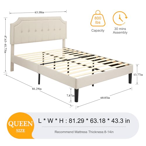 VECELO Queen Upholstered Platform Bed Frame with Adjustable Button Stitched Panel Headboard,Strong Wood Slat Support,Velcro Design,Mattress Foundation/Easy Assembly,Beige