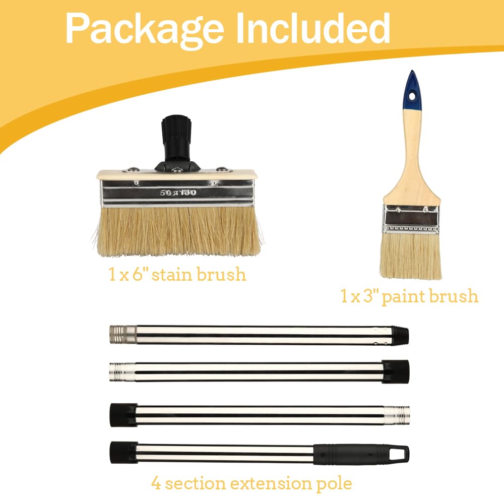 YUJOIBAN Deck Stain Brush with Long Handle, 60" Extension Pole Deck Stain Applicator, 6" Wide Deck Paint Brush and 3" Paint Brushes Set for Painting Wood Deck, Masonry, Fence, Wall and Furniture