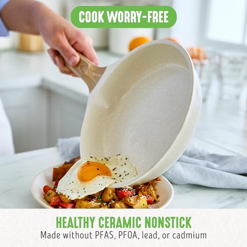 GreenLife Arte 2 Piece Frying Pan Set, Ceramic Nonstick 9.5" & 11" Skillets, Induction Suitable, Non Toxic PFOA & PFAS Free, Wood Print Handles, Dishwasher Safe, Speckled Cream