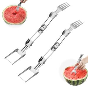 foldable 2 in 1 stainless steel fruit cutter, 2024 upgrated watermelon windmill cutter slicer tool for melon cube, multifunctional fruit fork watermelon cutter knife for kitchen gadgets (2)