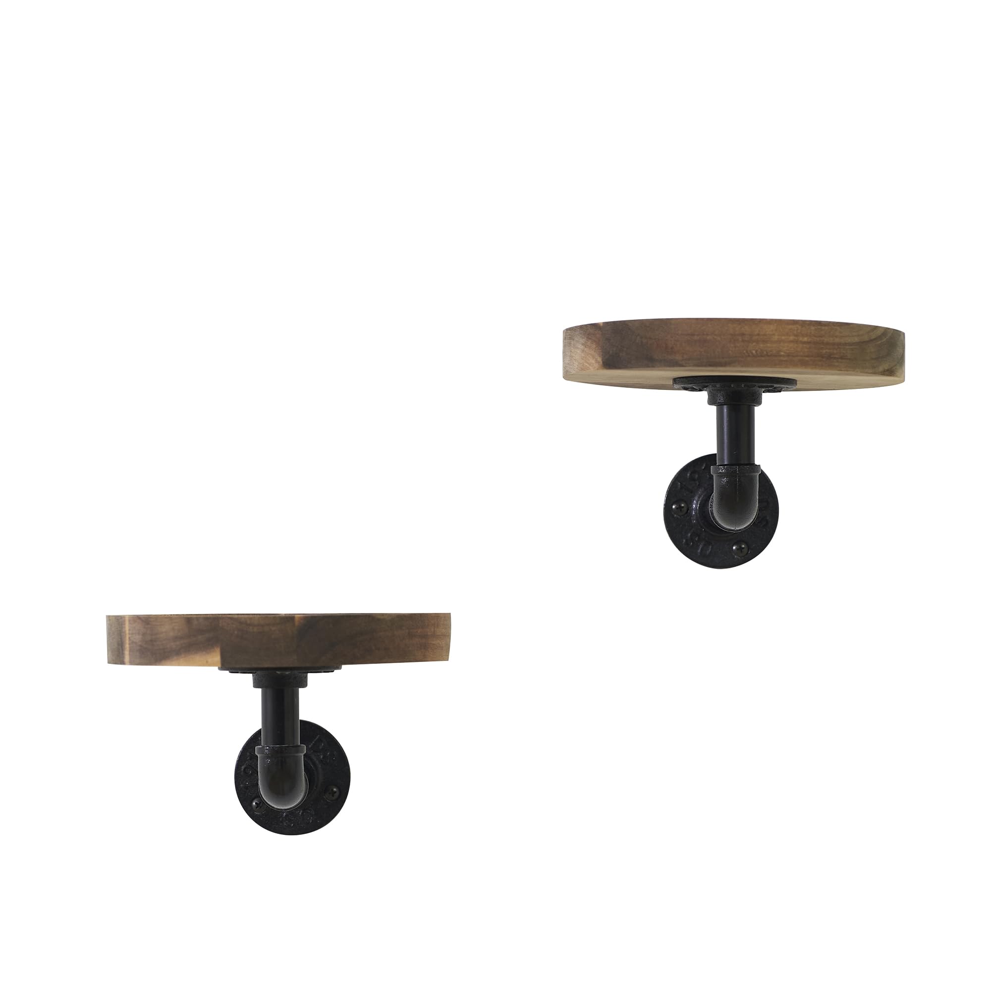 Round Circular Shelves Floating Acacia Wood (Set of 2) Diameter 7.1 inches. Wall Mounted Planter Shelves with Pipe Brackets. Chic Modern Rustic Industrial Pipe Décor for Display, Trophy, Ornaments