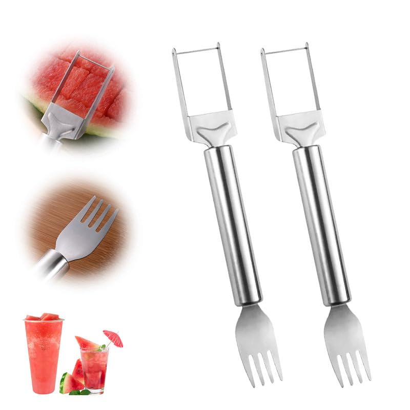 2-in-1 Stainless Steel Fruit Cutter, 2024 New Upgrade Watermelon Fork Cutter Slicer, Watermelon Cube Cutter Tool, Dual Head Fruit Forks Knife Summer Fruit Cutting Fork for Home Kitchen (2PCS)