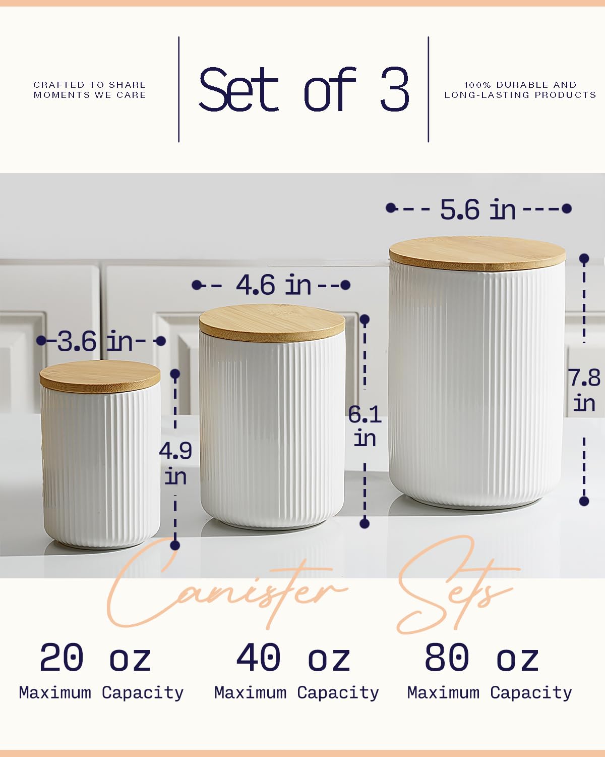 getstar Flour Sugar Storage Containers, Ceramic Canisters Sets for the Kitchen Countertop with Bamboo Airtight Lids, 80oz 40oz&20oz Coffee Tea Sugar Container Set of 3