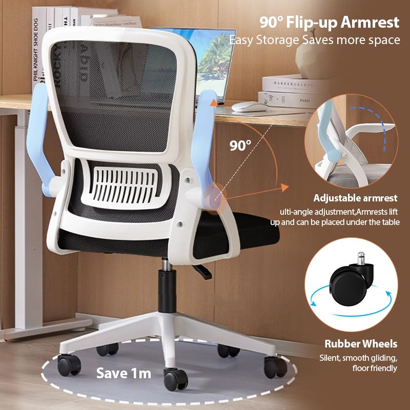 XUEGW Office Chair, Ergonomic Desk Chair Breathable Mesh Chair Swivel Chair with Flip-Up Arms and Lumbar Support Computer Chair for Home Office