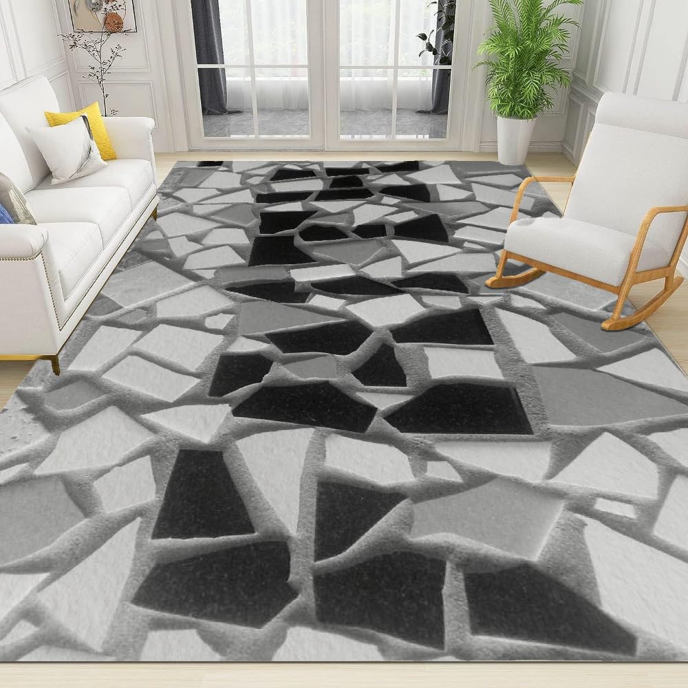 3D Abstract Geometric Area Rug, Gray/Black Artistic Crackle Living Room Rug, Modern Innovative Indoor Carpet, Non-Slip Soft Faux Wool Bedroom Rug, Easy Clean Apartment Rug 2'x3'