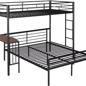 Twin Over Full Bunk Bed, Metal L-Shaped Bunk Bed Frame with Desk, Guardrail and Ladder, Space Saving Bed for Boys Girls, Convertible Into Twin Loft Bed & Full Platform Bed, Noise Free, Black