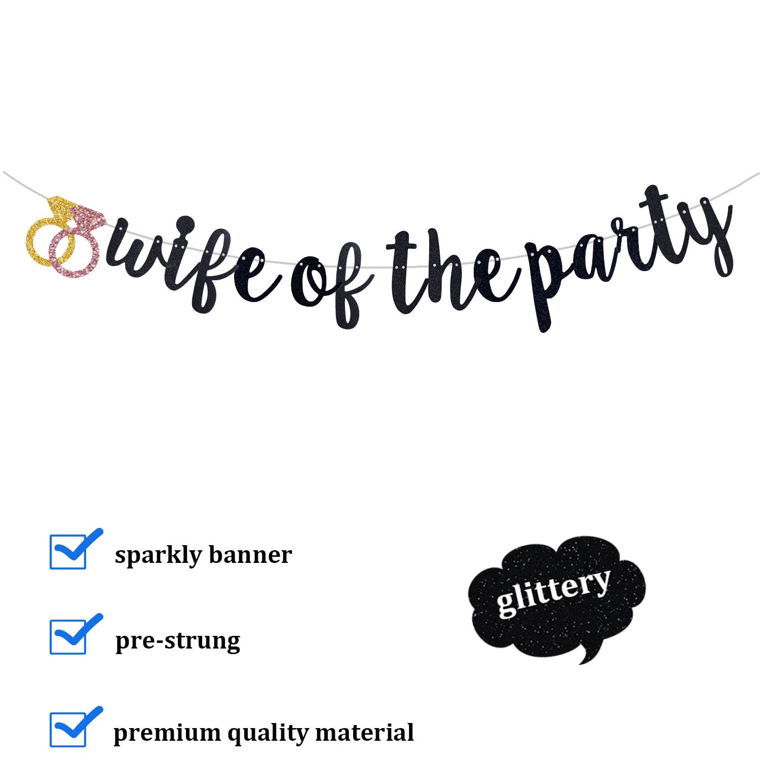 QFiesy Wifey of The Party Banner, Black Glitter Bachelorette Party Garland, Bride to Be/Wife To Be/Will You Marry Me, Bridal Shower Engagement Party Supplies (Pre-Strung)