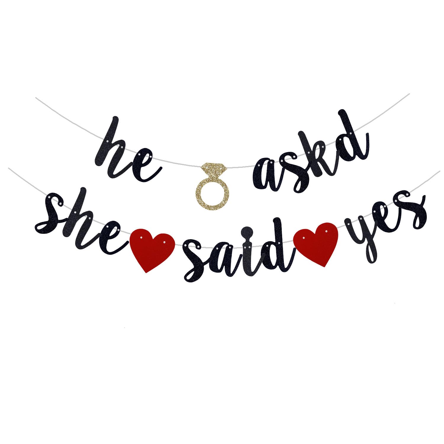 QFiesy He Asked She Said Yes Banner, Black Glitter Bride to Be Decorations, Black Glitter Bunting Sign for Engagement Bridal Shower Wedding Party. (Pre-Strung)