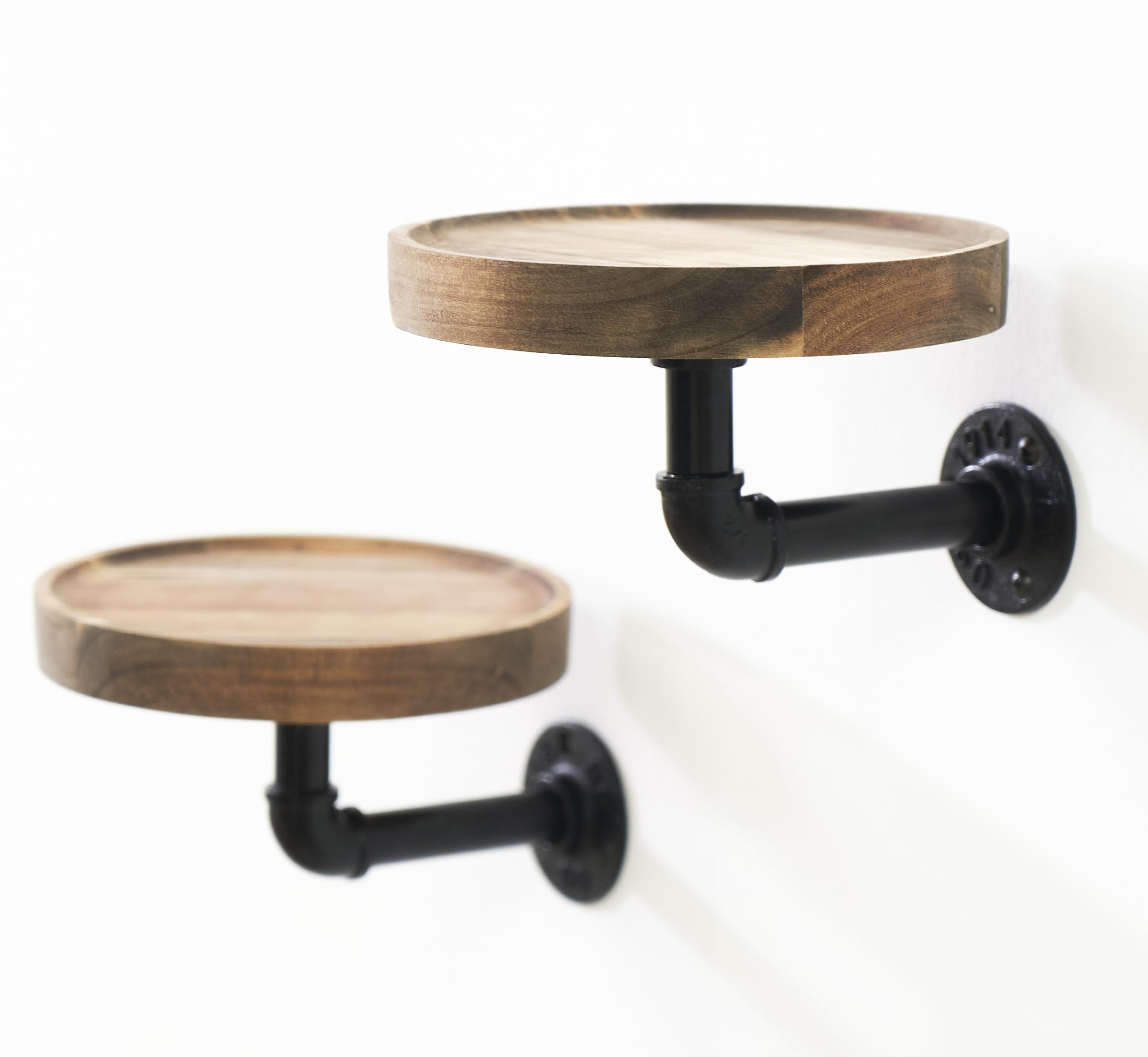 Round Circular Shelves Floating Acacia Wood (Set of 2) Diameter 7.1 inches. Wall Mounted Planter Shelves with Pipe Brackets. Chic Modern Rustic Industrial Pipe Décor for Display, Trophy, Ornaments