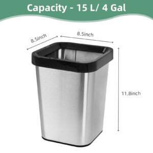 2 Pack Stainless Steel Bathroom Trash Can 4 Gallon, Wide-mouth Open Top Trash Can with Bag Tightening Ring, 11.8" x 8.5", Square Kitchen Metal Garbage Can, Small Silver Trash Can for Home Office