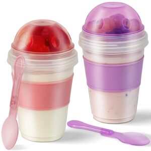 freshmage® yogurt parfait cups with lids, 2 pack 20 oz reusable overnight oats containers with lids, topping compartment & spoon to go for breakfast meal prep, portable & lightweight (purple&pink)