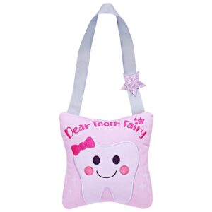 tooth fairy pillow with pocket for for girls and boys kids，tooth keepsake pouch tooth fairy bag on back toothfairy gift，5.9 x 5.9 inches (pink)