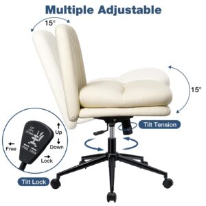 HOFFREE Criss Cross Chair Cross Legged Office Chair with Wheels Leather Home Office Chair Ergonomic Armless Chair for Desk Cream