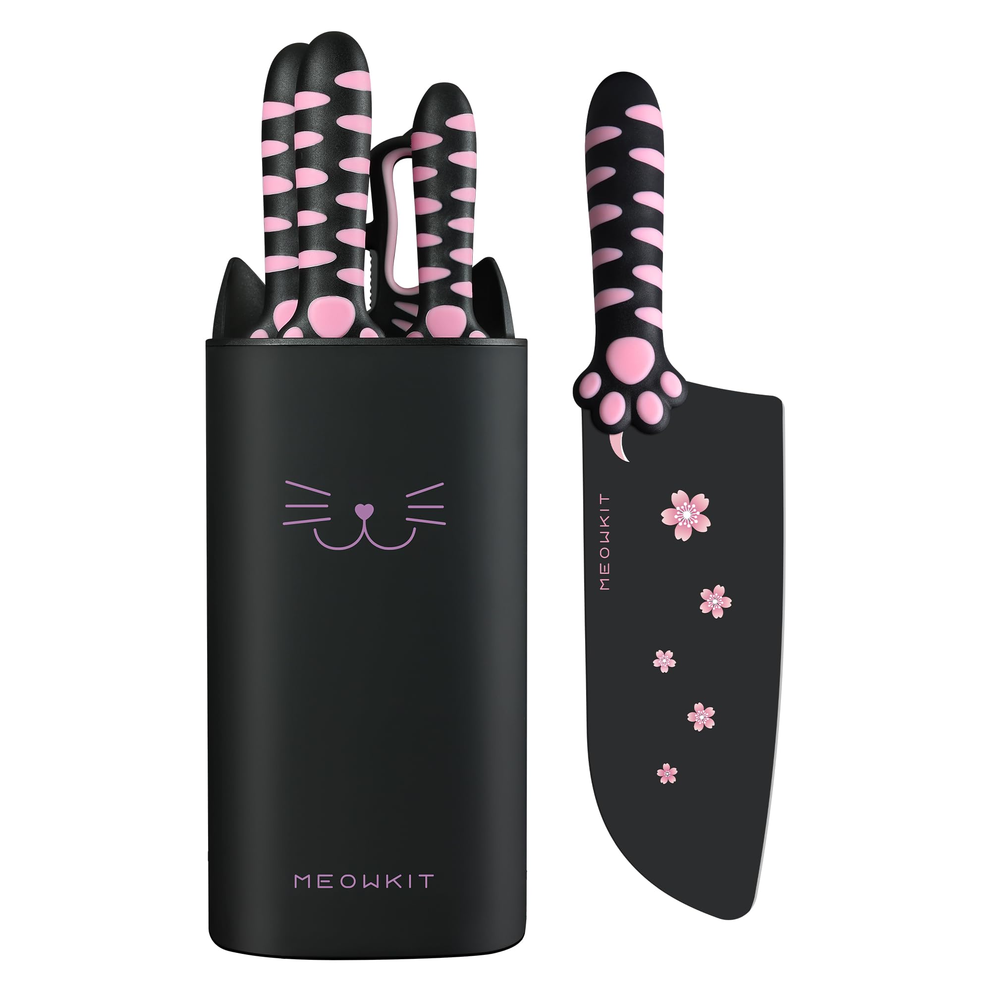 MEOWKIT Cute Kitchen Knife Set,5-piece Non-Stick Knives Set with Detachable Block and Scissors,Sharp Kitchen Knives for Chopping, Slicing, Dicing and Cutting for Home Kitchen