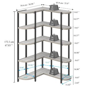 Launica 5 Tier Corner Bookshelf, Tall Grey L Shaped Book Shelf with Storage, Large Industrial Wood Metal Open Bookcase. Farmhouse Standing Bookshelves for Bedroom, Living Room, Kitchen, Gray