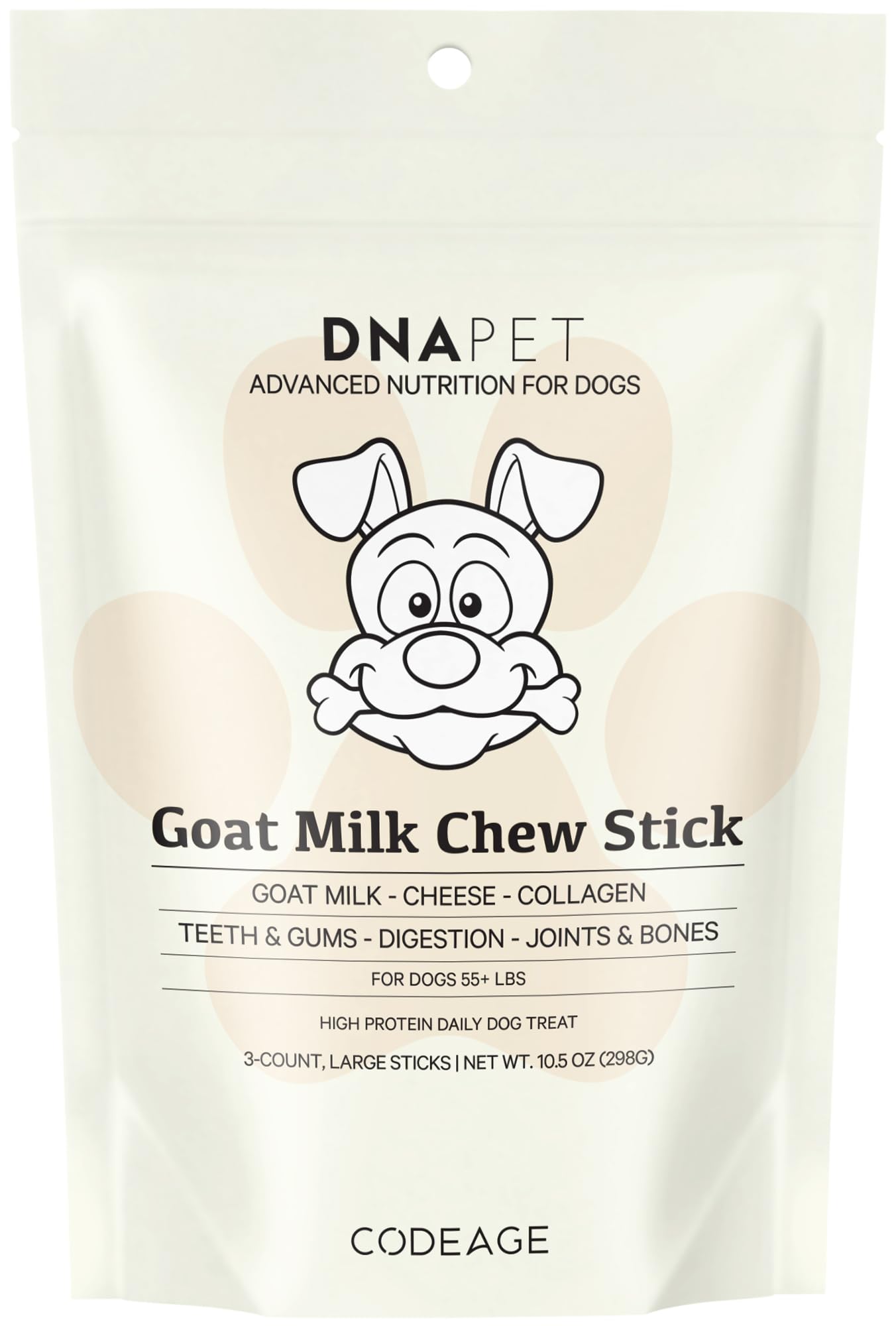 DNA PET Goat Milk Chew Sticks for Dogs Supplement - High Protein, Beef Collagen, Cheese & Probiotics - Large Dogs Over 55 Lbs - Non-GMO, Gluten-Free, Grain-Free, Air-Dried & Handcrafted - 3-Count