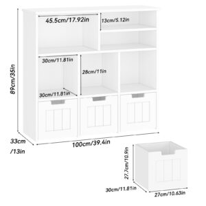 Knowfunn Toy Storage Cabinet with 3 Movable Drawers & 6 Cubes, Children's Toy Shelf Kids Bookshelf with Hidden Wheels, Kids Bookcase Toy Storage Organizer for Bedroom & Playroom & Nursery (White)