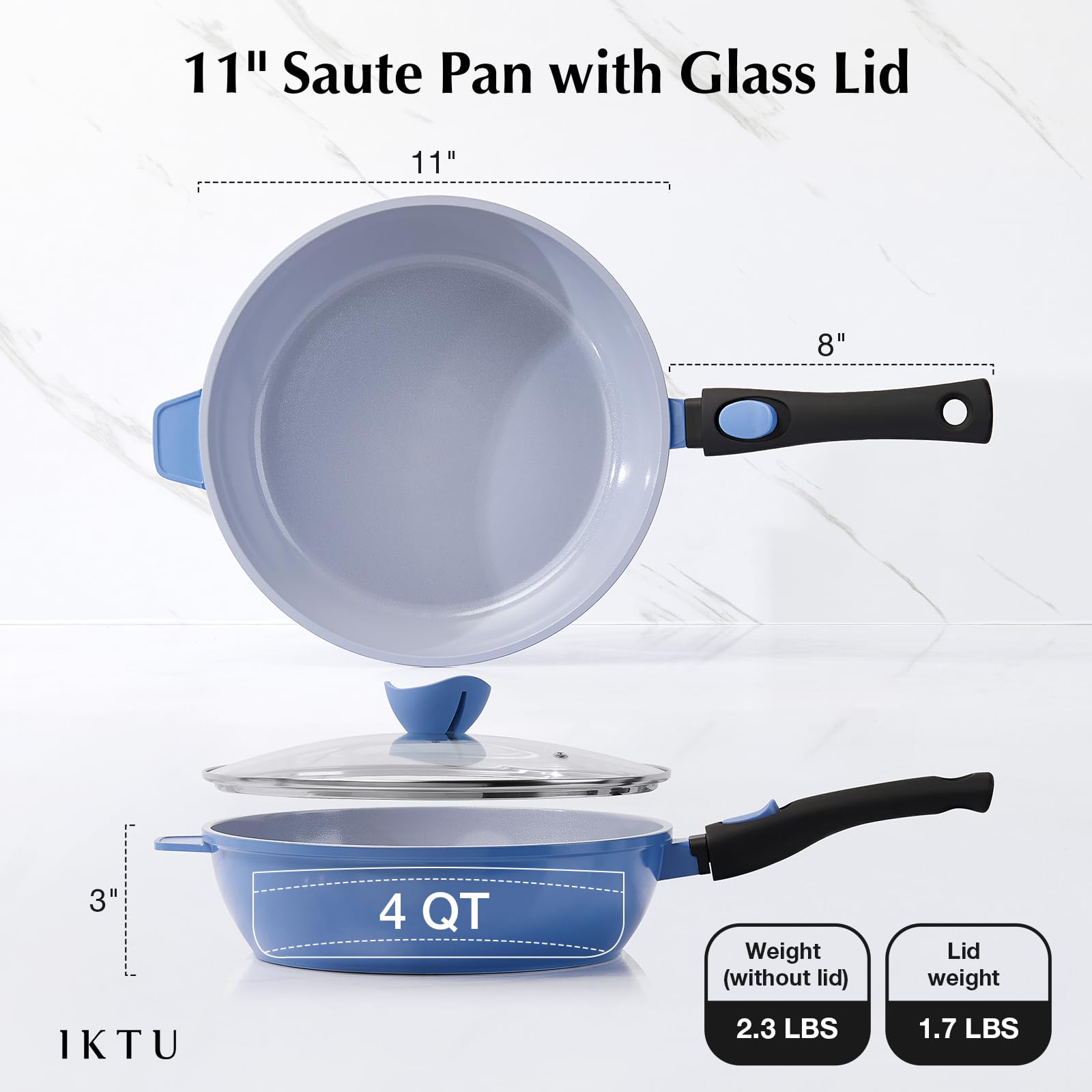 IKTU Ceramic Nonstick Deep Frying Pan, 11Inch Nonstick 4Qt Saute Pan with Helper Handle and Lid, Large Skillet Pan Induction Cookware with Detachable Handle, PFAS PFOA & PTFE Free