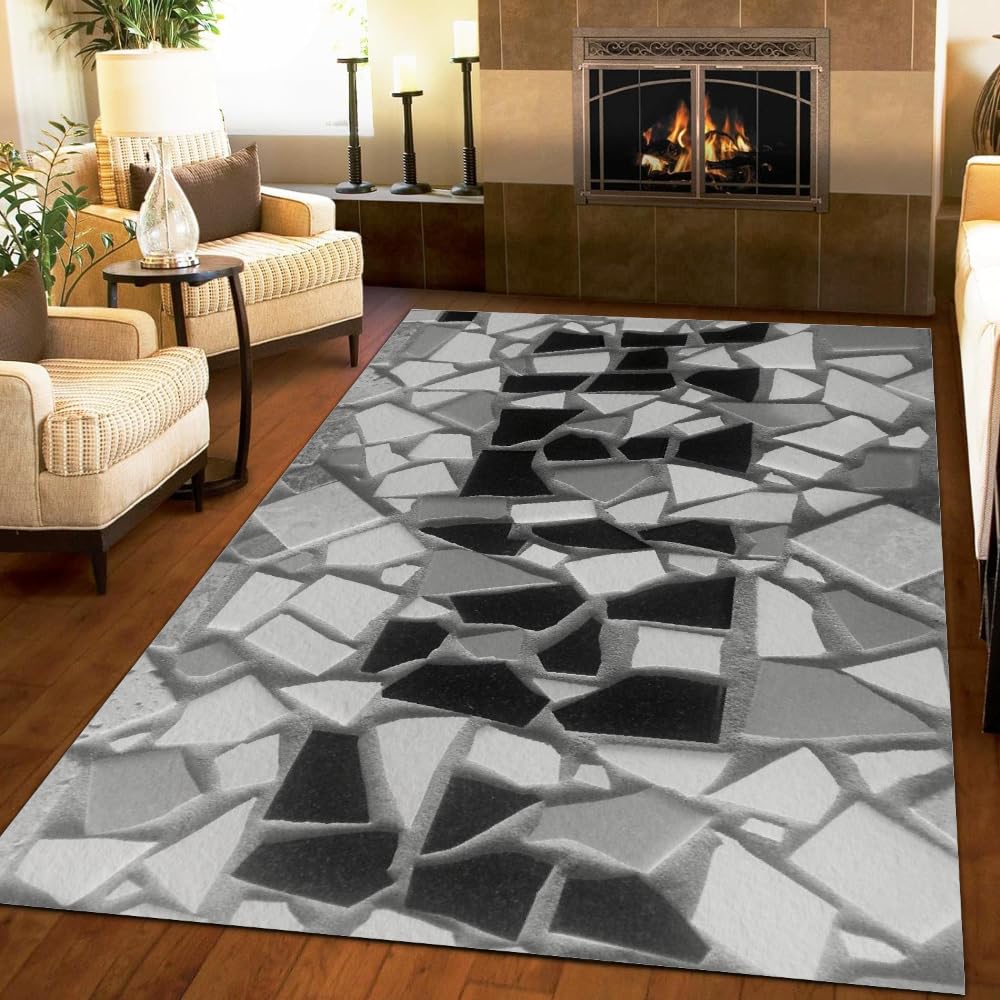 3D Abstract Geometric Area Rug, Gray/Black Artistic Crackle Living Room Rug, Modern Innovative Indoor Carpet, Non-Slip Soft Faux Wool Bedroom Rug, Easy Clean Apartment Rug 2'x3'