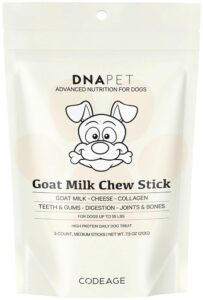 dna pet goat milk chew sticks for dogs supplement - high protein, beef collagen, cheese & probiotics - medium dogs 20 to 55 lbs - non-gmo, gluten-free, grain-free, air-dried & handcrafted - 3-count