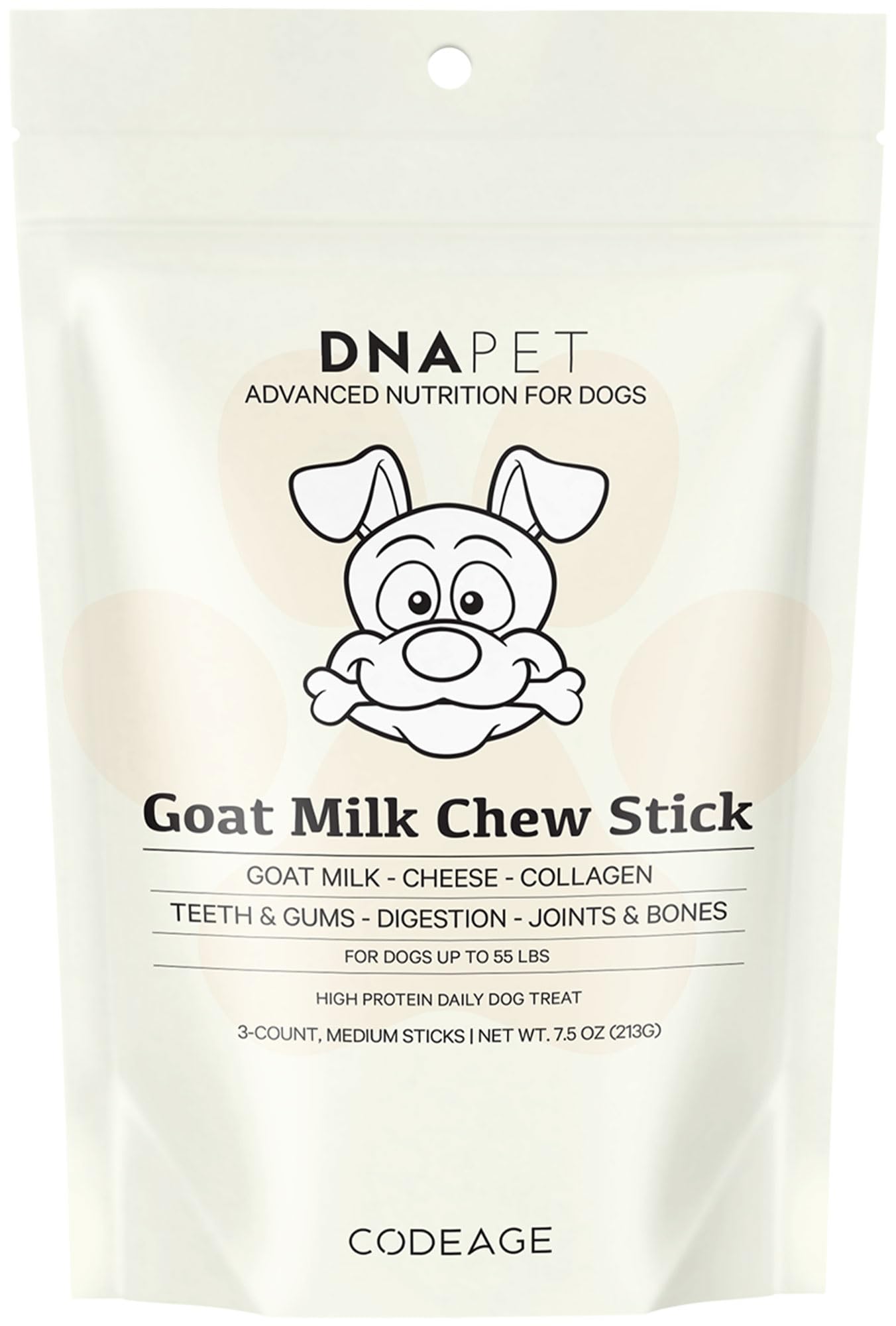 DNA PET Goat Milk Chew Sticks for Dogs Supplement - High Protein, Beef Collagen, Cheese & Probiotics - Medium Dogs 20 to 55 Lbs - Non-GMO, Gluten-Free, Grain-Free, Air-Dried & Handcrafted - 3-Count