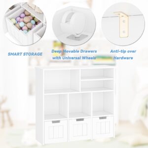 Knowfunn Toy Storage Cabinet with 3 Movable Drawers & 6 Cubes, Children's Toy Shelf Kids Bookshelf with Hidden Wheels, Kids Bookcase Toy Storage Organizer for Bedroom & Playroom & Nursery (White)