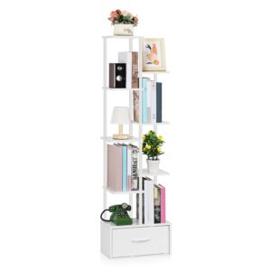 vrisa 7 tier bookshelf with storage bookcase with fabric drawer morden book shelf wood display shelf storage organizer freestanding open shelf unit for living room, bedroom, home office, white