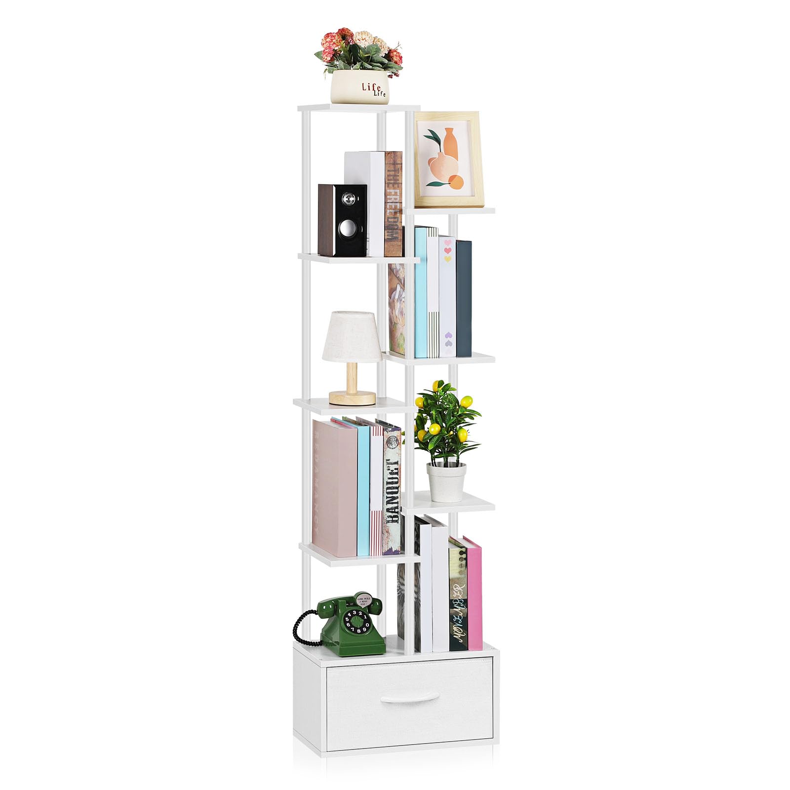 Vrisa 7 Tier Bookshelf with Storage Bookcase with Fabric Drawer Morden Book Shelf Wood Display Shelf Storage Organizer Freestanding Open Shelf Unit for Living Room, Bedroom, Home Office, White