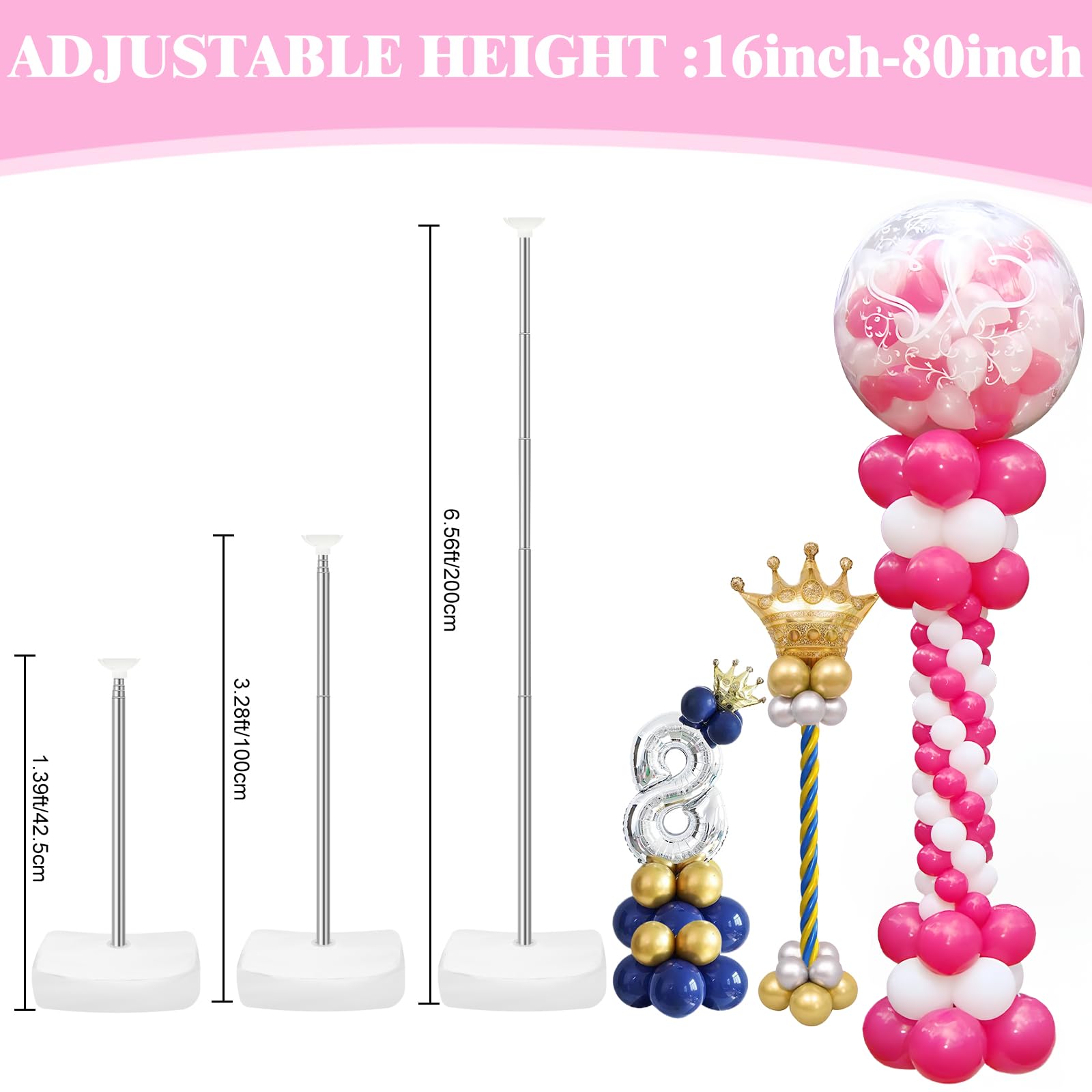 6 Set Balloon Column Stand Kit, 6.6ft Height Adjustable Balloon Tower Stand Pillar with Base for Floor Metal Telescopic Balloon Stand Arch for Birthday, Wedding, Baby Shower, Graduation Party Decor