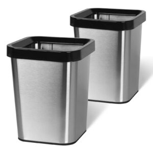 2 pack stainless steel bathroom trash can 4 gallon, wide-mouth open top trash can with bag tightening ring, 11.8" x 8.5", square kitchen metal garbage can, small silver trash can for home office