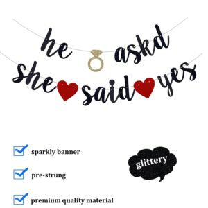 QFiesy He Asked She Said Yes Banner, Black Glitter Bride to Be Decorations, Black Glitter Bunting Sign for Engagement Bridal Shower Wedding Party. (Pre-Strung)