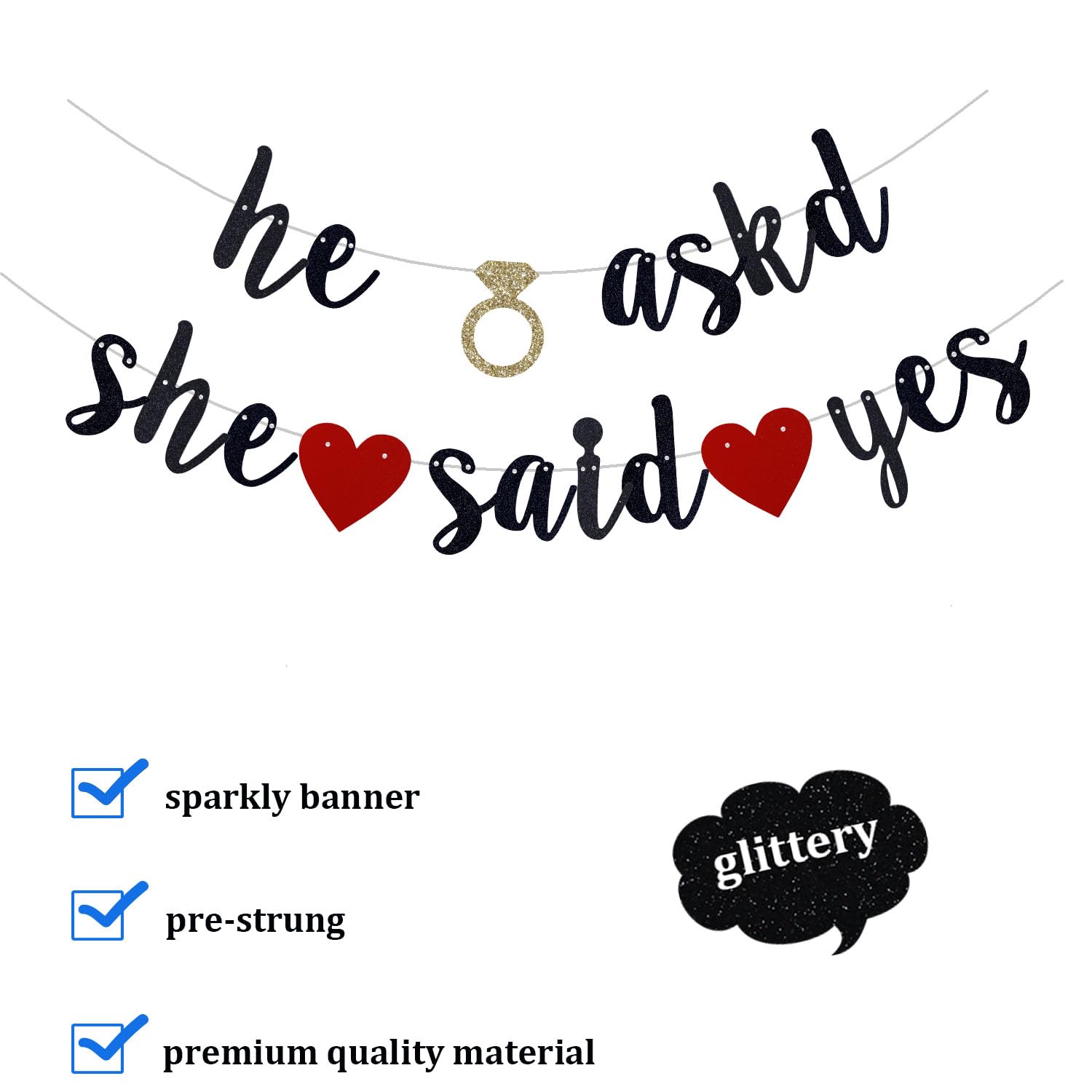 QFiesy He Asked She Said Yes Banner, Black Glitter Bride to Be Decorations, Black Glitter Bunting Sign for Engagement Bridal Shower Wedding Party. (Pre-Strung)