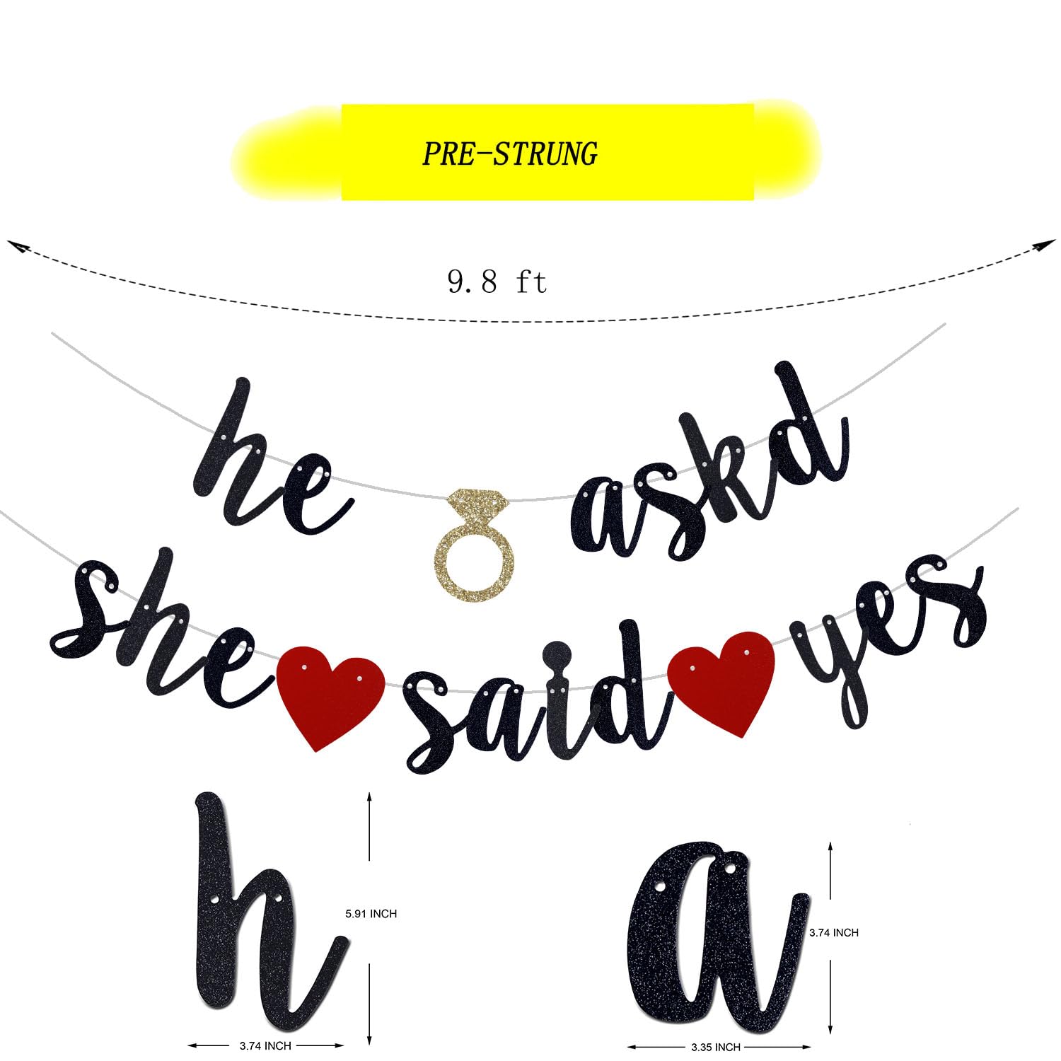 QFiesy He Asked She Said Yes Banner, Black Glitter Bride to Be Decorations, Black Glitter Bunting Sign for Engagement Bridal Shower Wedding Party. (Pre-Strung)