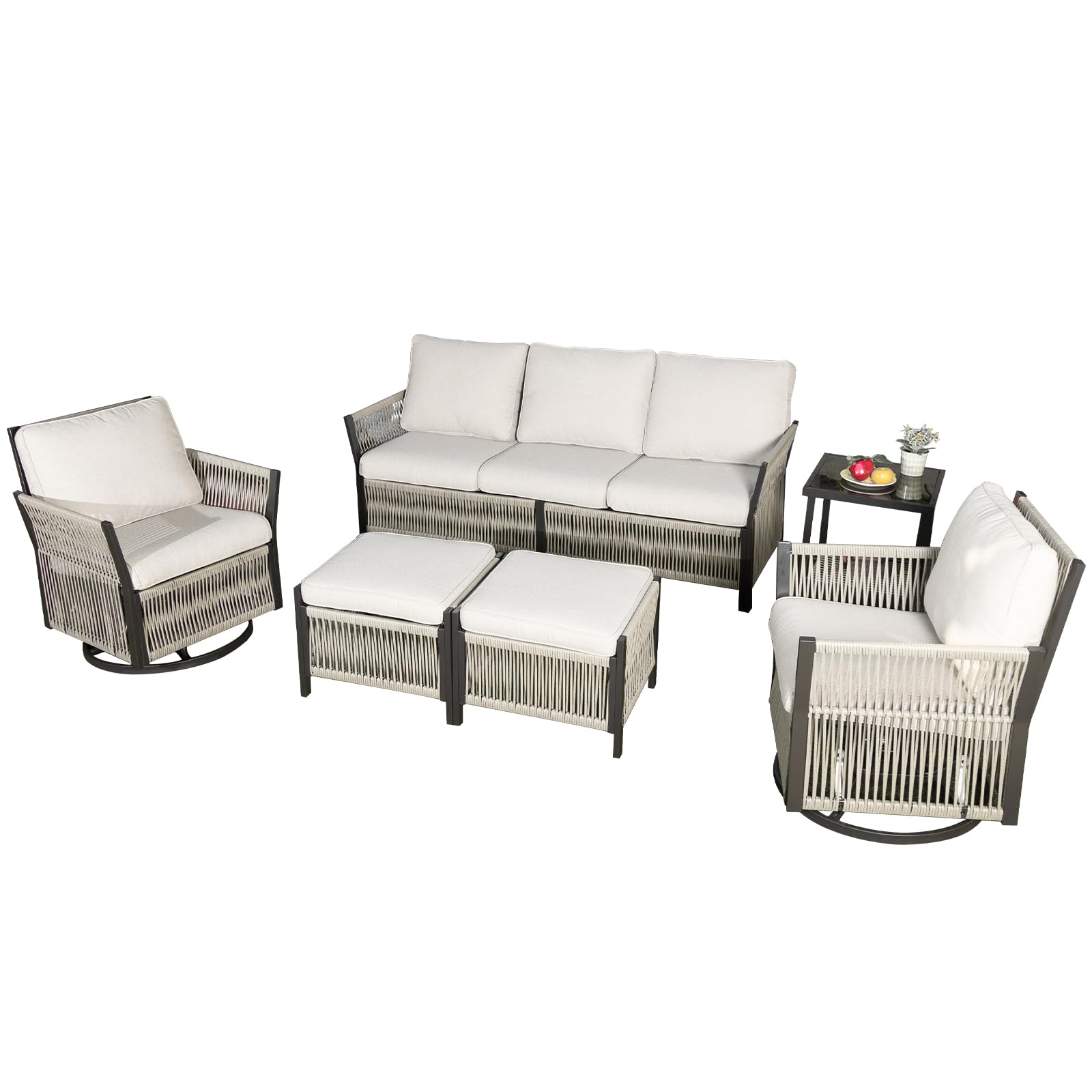 Swpormundo Outdoor Patio Furniture, 6 Pieces High Back Wicker Patio Furniture Set with Rocking Patio Chairs, Coffee Table for Garden, Porch, Backyard(Beige)