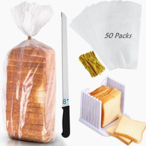 reusable plastic bread bags for homemade, 52packs bakery loaf sourdough large clear bag with ties for airtight moisture, poly storage bag + bread slicer toast cutting guide + 8" serrated bread knife