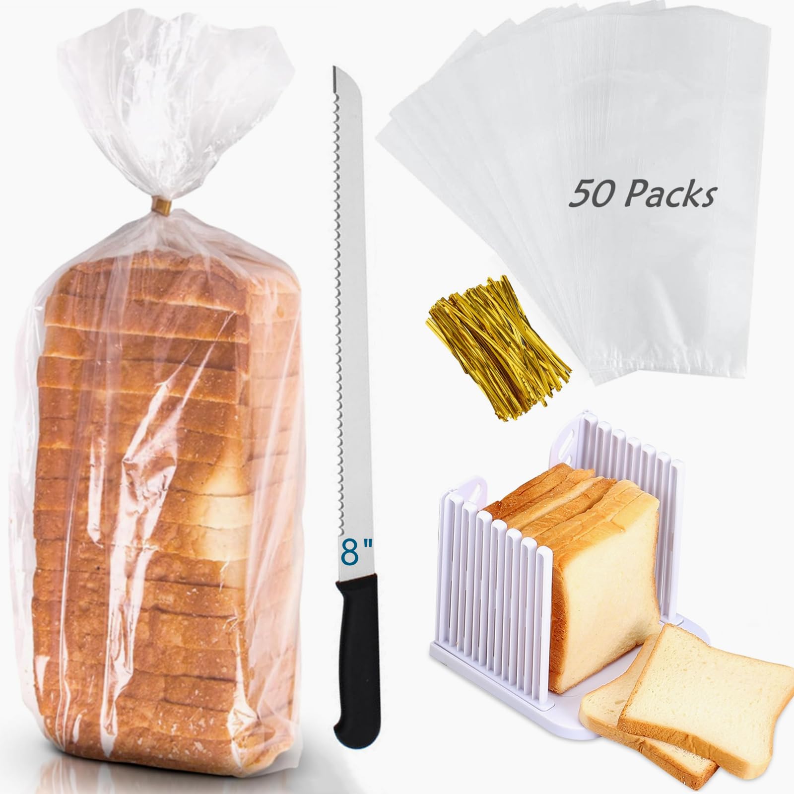 Reusable Plastic Bread Bags for Homemade, 52Packs Bakery Loaf Sourdough Large Clear Bag with Ties For Airtight Moisture, Poly Storage Bag + Bread Slicer Toast Cutting Guide + 8" Serrated Bread Knife