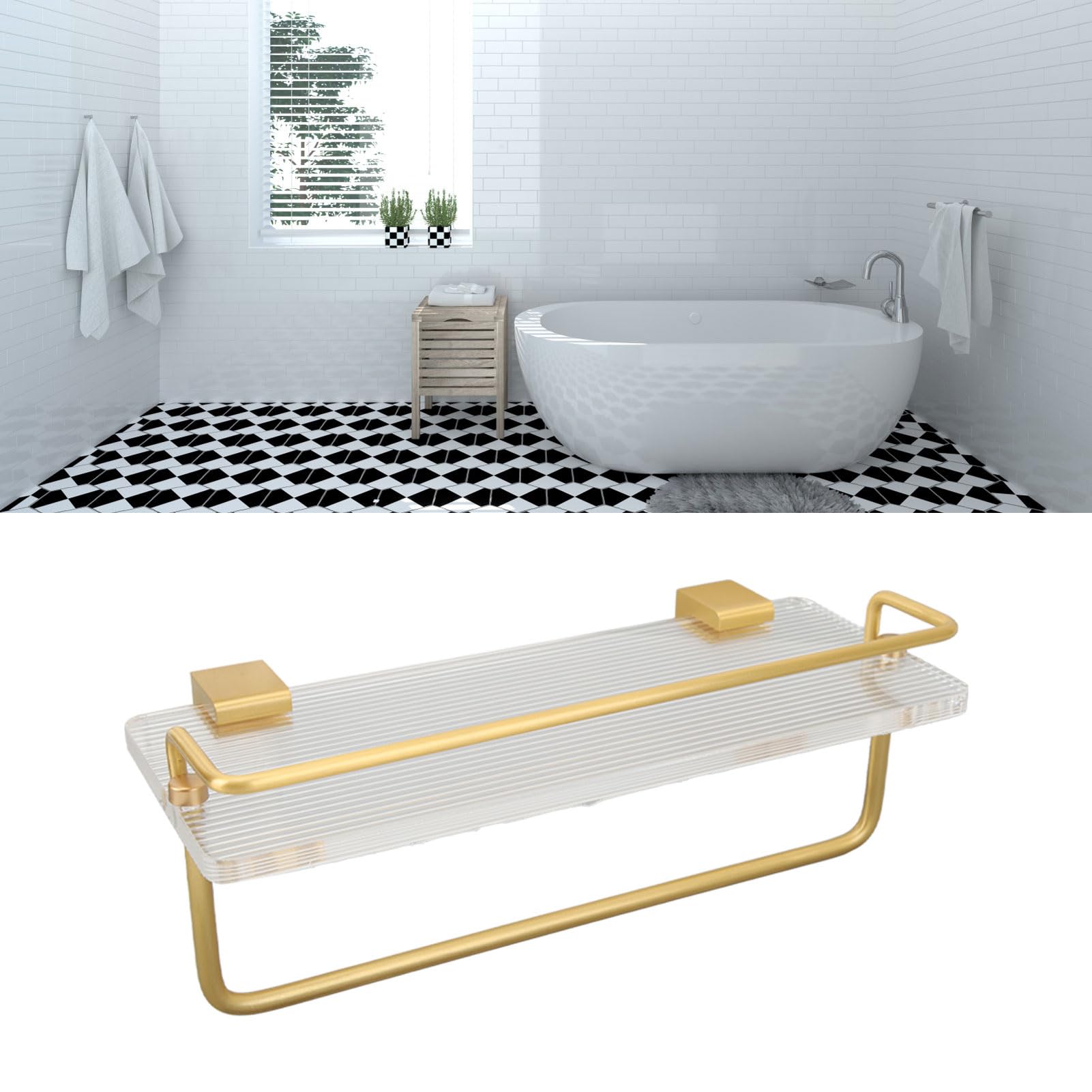 NYSUZHOUJI Bathroom Floating Shelves, Versatile Storage Rack Wall Mounted Hanging Shelves with Golden Towel Rack, for Bathroom Over Toilet Living Room Kitchen Bedroom (30Q)